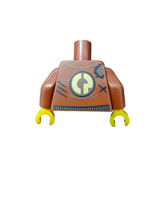 The LEGO 6270372 Torso features a brown jacket design with patches and trim, yellow claw-like hands, and a tan button-up shirt pattern. A circular emblem with a T symbol enhances its creative design, perfect for brick-building adventures.