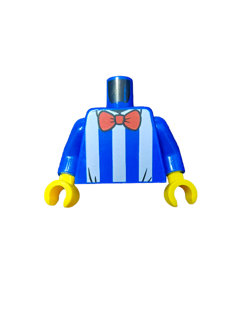 The LEGO 6219630 Torso features a vibrant blue shirt with white vertical stripes and a red bow tie. Blue arms and yellow hands complete the look, adding flair to any LEGO creation.