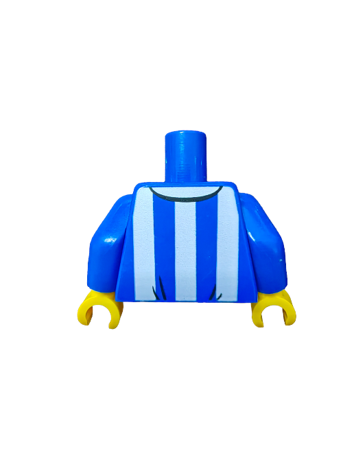 The LEGO 6219630 Torso showcases a vibrant blue shirt with white stripes and a red bow tie, yellow hands, and no head or legs, set against a white background.