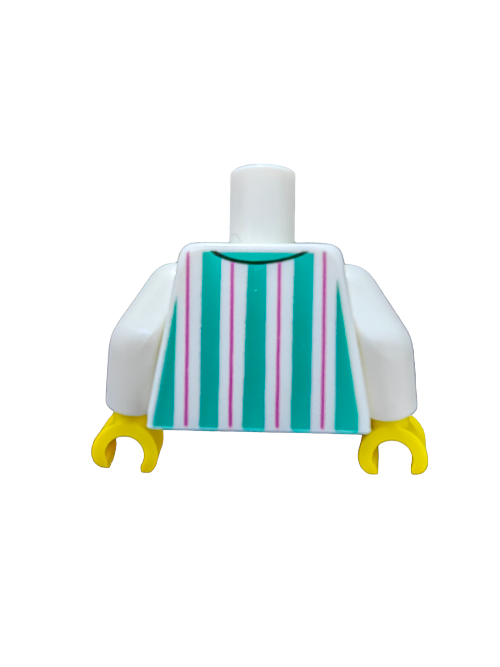 The LEGO 6270480 Torso features a white shirt with alternating turquoise and pink vertical stripes, white arms, and yellow hands, capturing the essence of classic LEGO character design.
