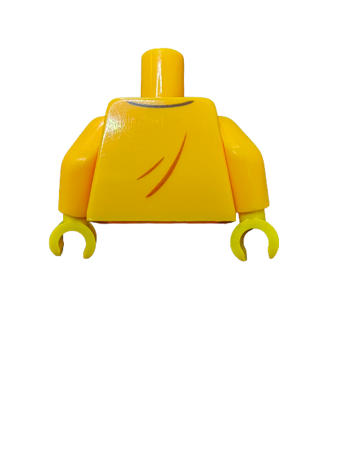 LEGO 6335285 PRELOVED Minifigure Torso features a yellow body with detachable arms and hook-shaped hands. Set against a white background, the design includes an open jacket collar over a light blue shirt, accented by a gold necklace. No head is included.