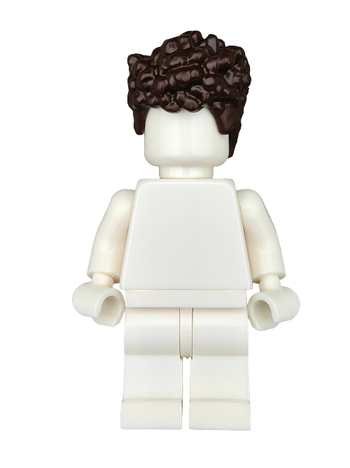 A blank-faced Lego minifigure featuring medium-length brown coiled hair (Product: LEGO 6417270 Wig, UB1251). It stands ready for adventures with movable arms and legs against a plain white background.