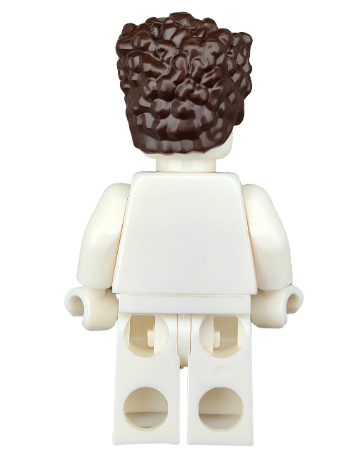 A LEGO minifigure with a Minifigure Wig (Product Name: LEGO 6417270 Wig, Brown Hair Coiled and Medium Length - UB1251), seen from behind. The figure features a white torso and legs, perfect for Minifigure adventures.