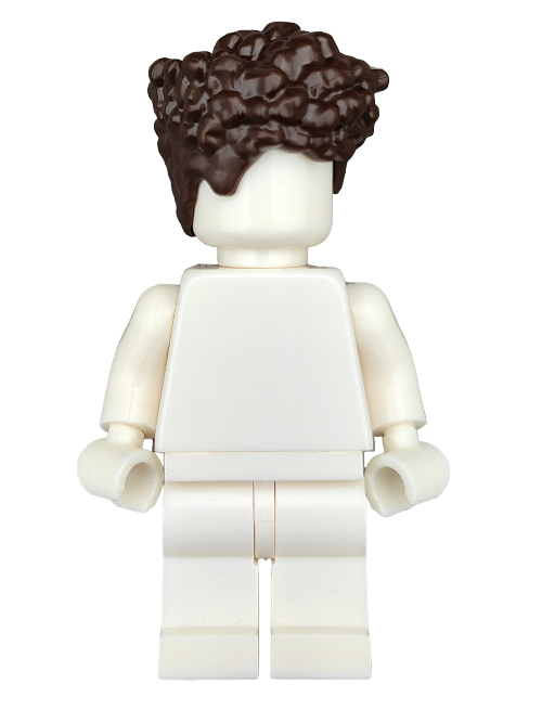 This LEGO Minifigure includes a plain white body and is complemented by the LEGO 6417270 Wig, featuring medium-length brown hair coiled in charming curls.