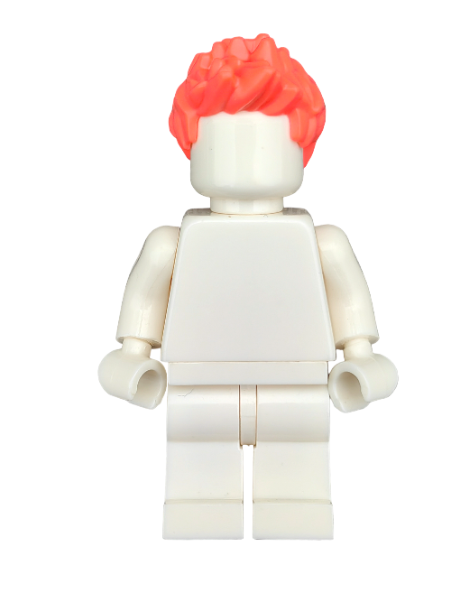 A LEGO minifigure stands upright with a plain white body and vibrant pinkish spikey hair, resembling the LEGO 6397832 Wig, UB1255.