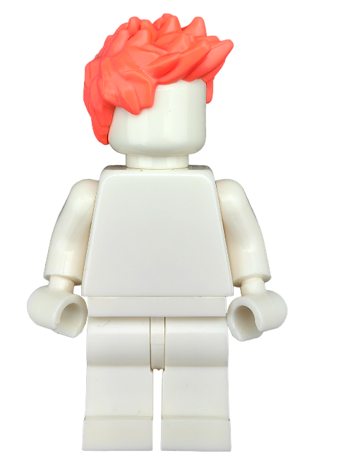 The LEGO 6397832 features a white minifigure with unique pinkish spiky hair. The back view highlights the Minifigure Wig style, with no facial details or clothing, and slightly bent arms.