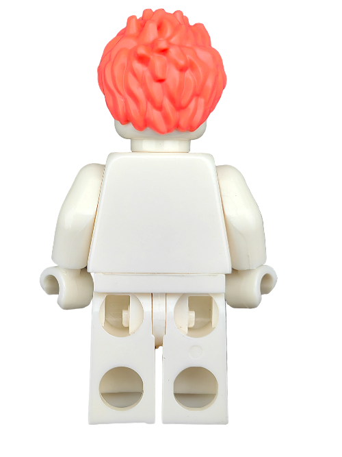 A LEGO minifigure is displayed from the back, featuring a plain white outfit and the 6397832 Wig in bright red-orange hair, with a UB1255 pinkish spikey design.