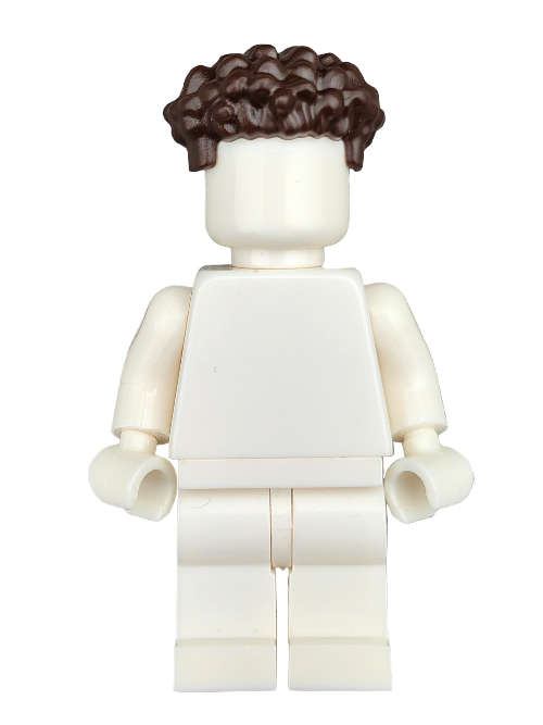A minifigure with a plain white torso and legs, featuring the LEGO 6385999 Wig—a brown hairpiece with coils and straight sides—stands on a white background. The face and hands arent shown.