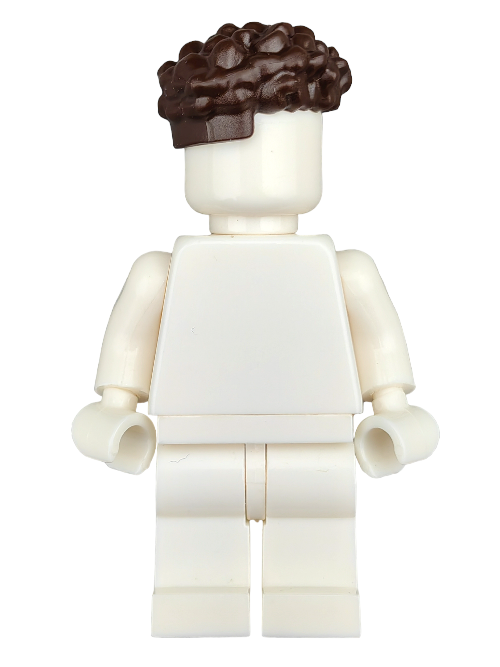A white LEGO minifigure with curly brown hair stands upright, wearing a top-quality LEGO 6385999 Wig, Brown Hair, Coiled with Straight Sides - UB1260. The figure is without facial features or accessories, arms slightly bent and legs together.