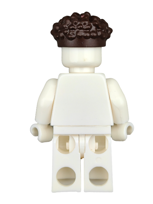 The LEGO minifigure, featuring the LEGO 6385999 Wig with coiled brown hair and straight sides, displays a confident stance against a white backdrop, enhancing the charm of its plain white body.