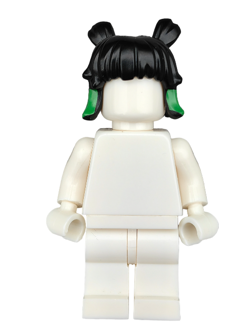 A white-bodied Lego minifigure wears LEGO 6296345, a black-haired wig styled with two buns and green highlights, set against a white backdrop.