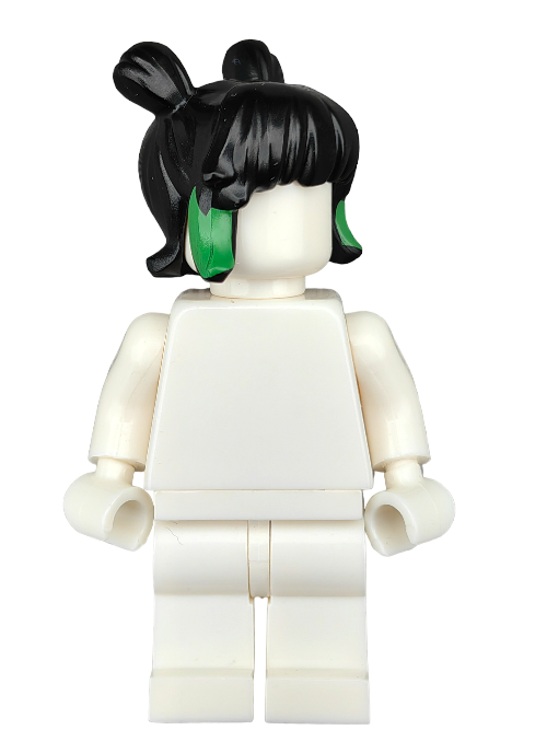 A minimalist white toy figure features the LEGO 6296345 Wig, showcasing black hair with two buns and thick sides accented by green highlights, standing upright on a plain background.