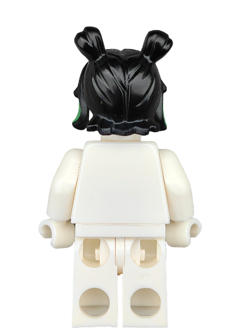 A rear view of LEGO 6296345: a minifigure with black, two-bun hair featuring green highlights. It wears a crisp white outfit with slightly bent arms and a notable gap at the top of the legs against a plain white background.