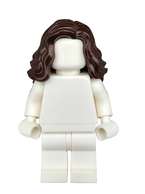 A white, faceless LEGO minifigure is displayed upright, featuring the LEGO 6370398 dark brown, medium-length wavy wig, against a plain white background.