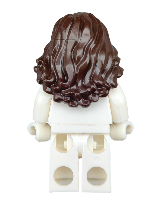 A LEGO minifigure highlights the reverse side, donning a pure white ensemble and featuring the LEGO product 6370398, a medium-length wavy dark brown hair wig (UB1267), with no distinct accessories.