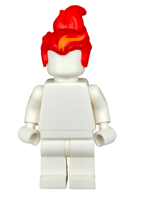 A LEGO minifigure with no facial features stands against a plain background wearing the vibrant red LEGO 6296344 wig, complete with a high ponytail and orange flame.