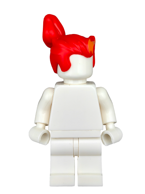 The LEGO 6296344 figure features a red high ponytail wig and orange flame accessory, set on a plain white background. The white figure itself is featureless without facial details or clothing.