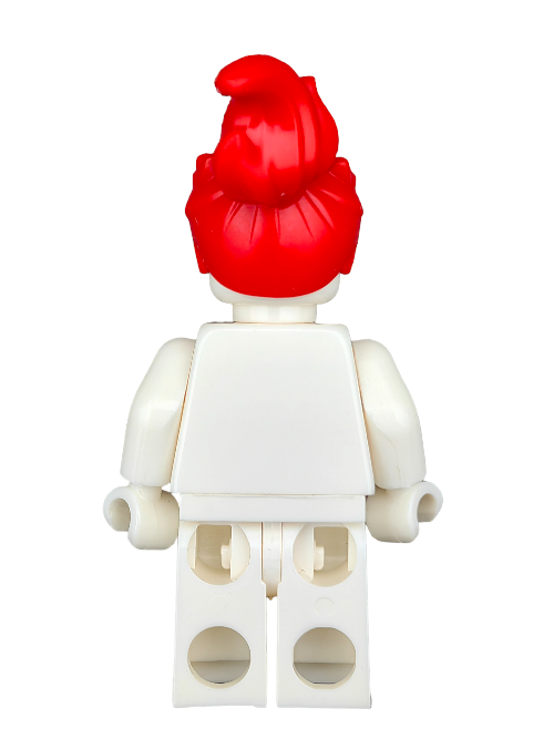 A LEGO minifigure with a pristine white body showcases the LEGO 6296344 wig—a vibrant red hairpiece styled in a high ponytail and orange flame. The accessory stands out on a white background, highlighting its creativity from the back view.