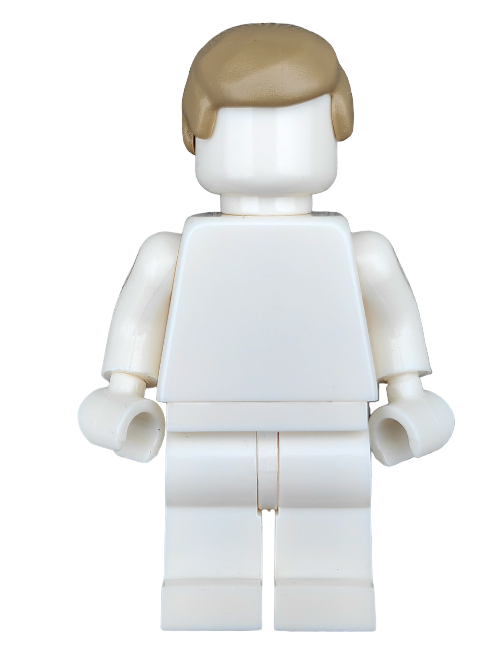 A Minifigure with a smooth brown-haired LEGO 4557944 wig faces away, lacking visible facial features. Its white plastic body is block-like, featuring articulated arms and legs, making it an essential piece for any collection.