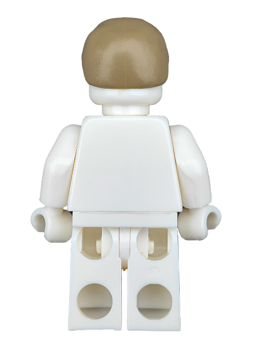 A LEGO minifigure from the Minifigure collection, wearing a white outfit and the LEGO 4557944 Wig (Brown Hair Smooth - UB1275), features hollow circular holes on the back of its legs and white arms bent slightly at the elbows.