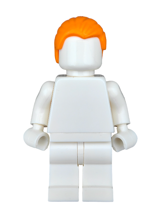 A white toy figure, similar to a LEGO minifigure, stands neutrally with orange hair styled using the LEGO 6397185 Wig, featuring a combed swept-back design. With no distinct facial features or outfit details, it exudes simplicity and charm.