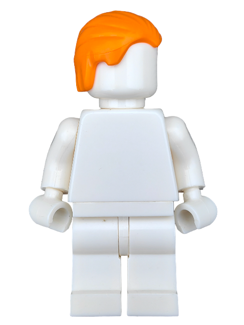 A white Lego minifigure with a plain body features the LEGO 6397185 Wig, showcasing orange hair combed and swept back, viewed from the front.