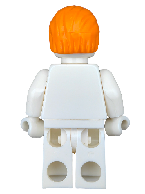 Back view of a LEGO minifigure, wearing the LEGO 6397185 Wig with orange hair combed swept back, featuring a white torso and legs, against a plain background.
