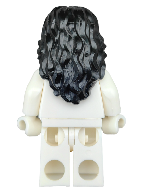 The LEGO minifigure displays a striking black hair wig, the LEGO 6407188 Wig, with long, wavy locks and a center parting. Its all-white ensemble and classic pose emphasize the detailed cascading hairstyle.