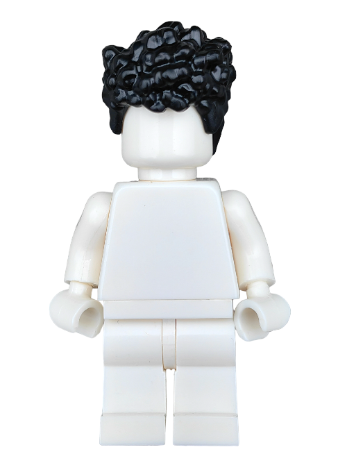 A LEGO minifigure, featuring the LEGO 6391202 Wig in medium-length black coiled hair, stands against a white backdrop. It has a plain white body without facial features or accessories and is crafted from high-quality materials.