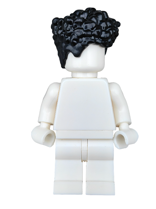 The LEGO 6391202 minifigure features a plain white body and black, medium-length coiled hair. The headless design highlights its simplicity, crafted from high-quality materials, with a minimalist appeal against the understated white background.