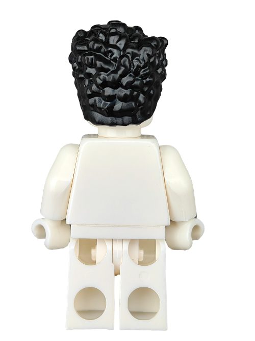 Back view of a white LEGO minifigure featuring the LEGO 6391202 Wig in black coiled medium-length hair, with no clothing or accessories and arms at the sides.
