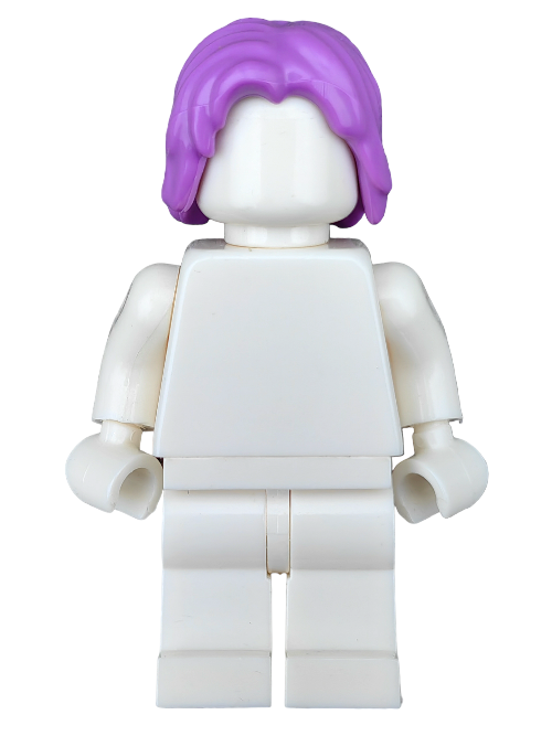 A Lego figure with a plain white torso and legs wears the LEGO 6392124 Wig, featuring medium-length purple hair with a middle parting (UB1256), set against a plain white background.