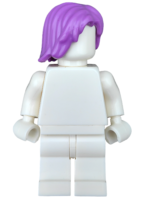 Against a white backdrop, a LEGO minifigure features only the LEGO 6392124 Wig, Purple Hair Medium Length with Middle Parting - UB1256 and a plain white body, exuding an understated presence without facial features or accessories.