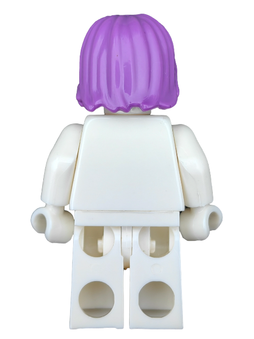 Viewing from the back, a Lego minifigure showcases a plain white outfit and the LEGO 6392124 Wig, featuring medium-length purple hair with a middle parting, adding flair to its look.