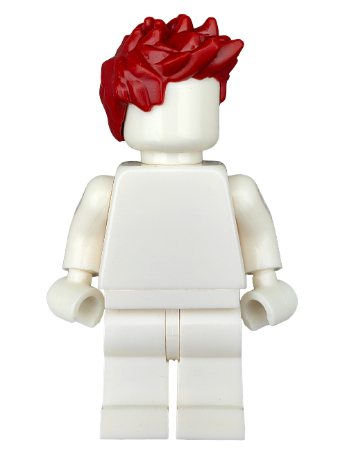 A LEGO 6375674 minifigure with deep red spikey hair stands out against a white background. Part of an exclusive collection, its white body features slightly bent arms and lively styled hair.