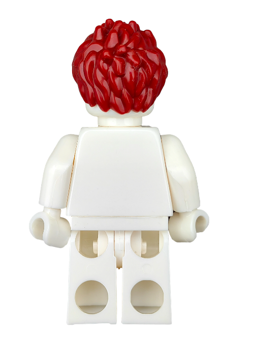 The LEGO 6375674 Minifigure wears a deep red spikey hairpiece, UB1261, and sports a plain white outfit—a standout addition to any minifigure collection.