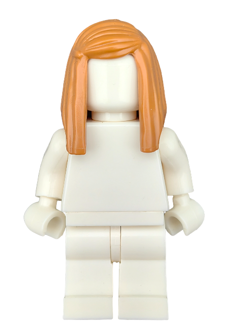 A white LEGO minifigure with the LEGO 6413079 Wig, Long Straight Ginger Hair with Left Side Parting - UB1264 stands forward, offering a blank canvas for creativity. With no facial features or clothing details, it inspires endless personalized minifigure possibilities and imaginative adventures.