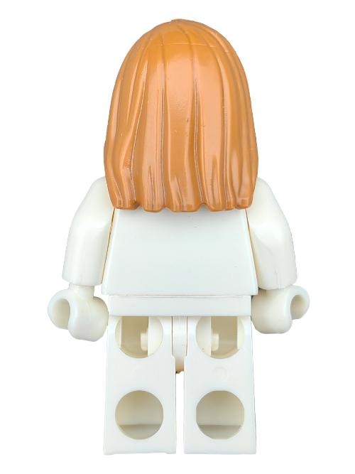 A LEGO minifigure with the LEGO 6413079 Wig features long, straight ginger hair parted on the left and wears a white outfit. Its white arms and legs offer endless customization possibilities for building your unique figure.