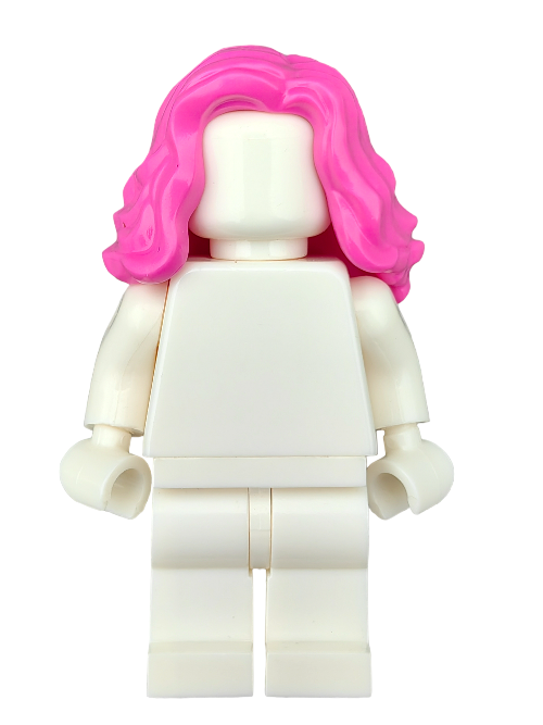 A faceless Lego figure wears a sleek white outfit, complemented by LEGO 6368304 Wig—a vibrant pink, medium-length, wavy wig (UB1268).