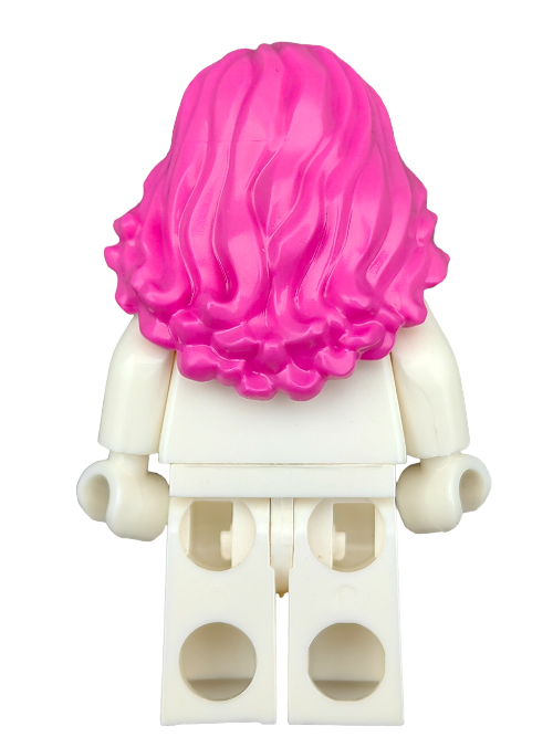 Rear view of a LEGO minifigure with the vibrant LEGO 6368304 Wig, Pink Hair Medium Length and Wavy - UB1268, contrasting against its white arms and legs on a plain white background.