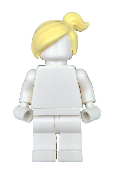 A white LEGO minifigure with the simplicity of classic figurines, featuring a light yellow ponytail wig (LEGO 6172198 Wig, Yellow Hair Ponytail Off to the Side - UB1272) stands facing forward without facial features or additional details.