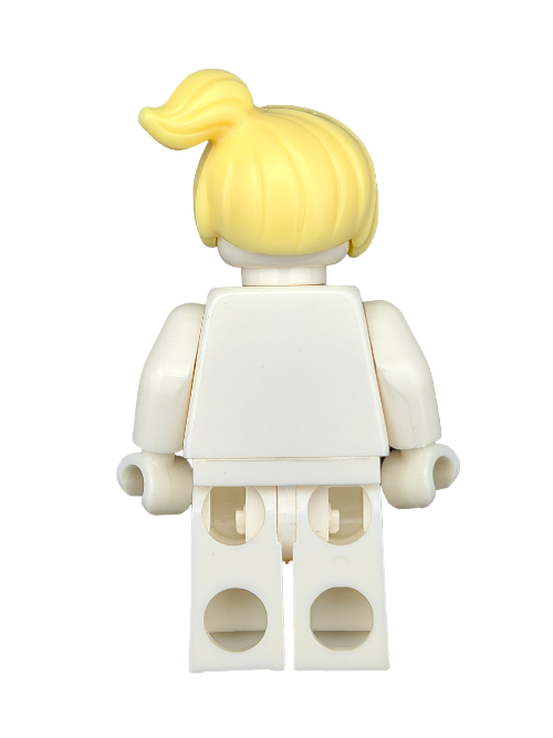 The white plastic toy figure wears the LEGO 6172198 Wig featuring yellow hair in a side ponytail. It has a blocky, minimalist design typical of such figures, viewed from the back.