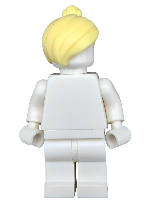 A rear view of a white LEGO minifigure reveals its yellow hair styled in a side ponytail, resembling the sleek LEGO 6172198 Wig. The figure stands upright without visible facial features or clothing details.