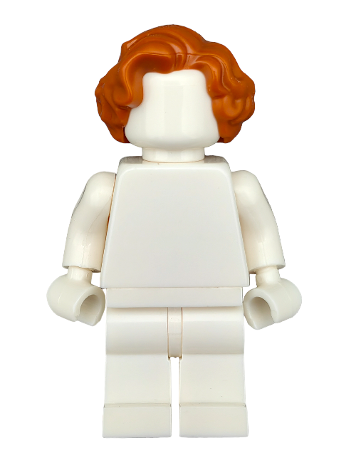 The LEGO minifigure featuring the 6411643 Wig, Ginger Hair Medium and Wavy with Side Parting - UB1276 stands upright against a white background, showcasing a plain white body. This piece is ideal for miniature collectible enthusiasts due to its minimalist design.