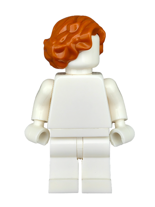 A LEGO minifigure featuring a blank white body and medium-length wavy ginger hair, akin to the LEGO 6411643 Wig (Ginger Hair Medium and Wavy with Side Parting - UB1276), faces away, adding a unique touch to any miniature collectibles display.