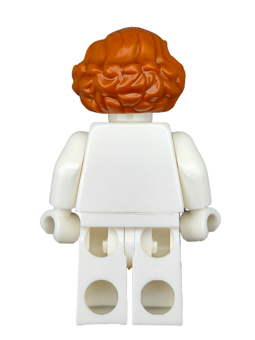 A Lego figure with a white torso and legs viewed from behind, featuring medium-length wavy ginger hair with a side parting, thanks to the distinctive LEGO 6411643 Wig. The arms and hands match the white theme of this charming miniature collectible.