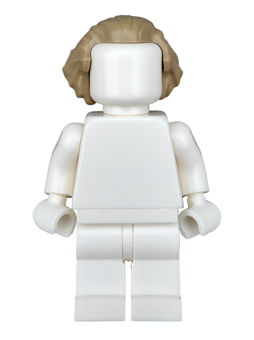 A LEGO minifigure with a blank face and body, featuring the LEGO 6390111 wig with light brown hair swept back with a peak and bushy at the back. The figure is dressed in white with articulated limbs, standing upright against a plain background.