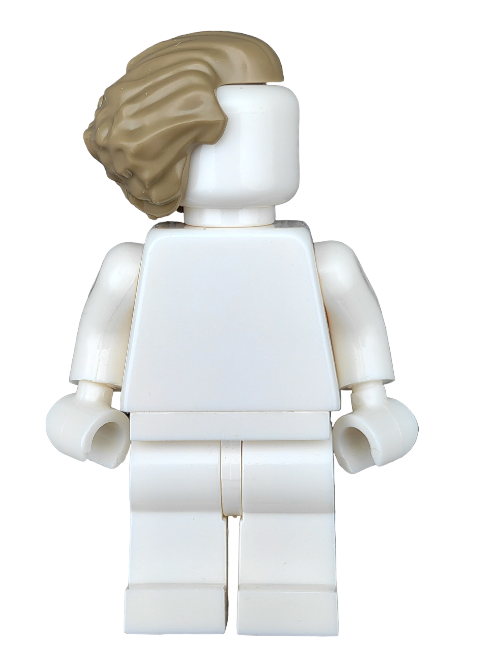 The LEGO 6390111 features a white minifigure wearing a realistic Minifigure wig with long, wavy light brown hair swept back and bushy at the back, viewed from behind against a white background.