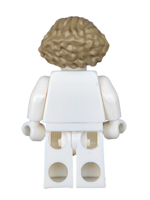 A LEGO minifigure is shown from behind wearing the LEGO 6390111 Wig with light brown swept-back and bushy hair. It features plain white torso, arms, and legs.