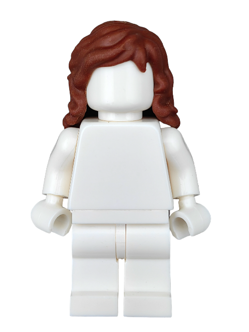 A Lego minifigure with a white body wears the LEGO 6404471 Wig, Chocolate Brown Long Curly Hair - UB1283 and stands facing forward without facial features.